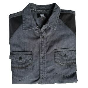 Rock & Republic Black Button Down Shirt Men Large Faux Leather Trim Going Out